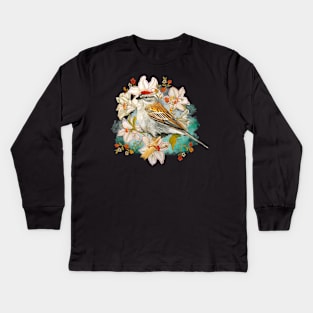 Chipping Sparrow And Flowers Kids Long Sleeve T-Shirt